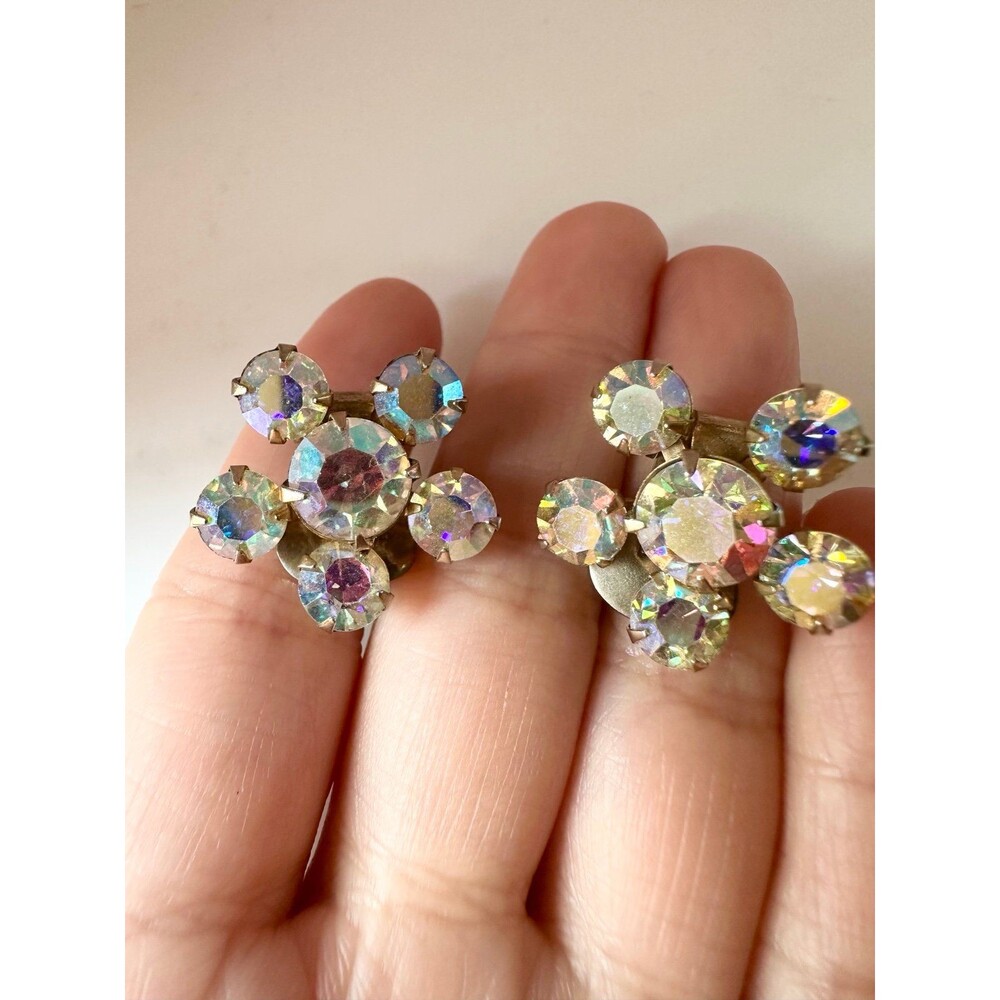 Vintage gold tone Aurora borealis floral clip on Earrings